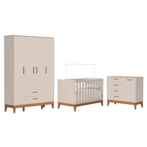 Dormitório Infantil Flip Guarda Roupa 4 Portas, Cômoda 1 Porta e Berço Areia Fosco - Reller Móveis