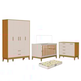 Dormitório Infantil Flip Guarda Roupa 4 Portas, Cômoda 1 Porta e Berço Areia Fosco/Savana com Colchão Supreme - Reller Móveis