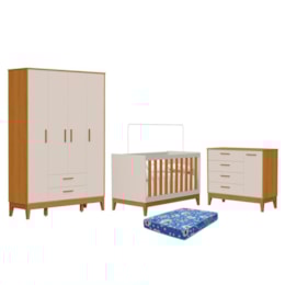 Dormitório Infantil Flip Guarda Roupa 4 Portas, Cômoda 1 Porta e Berço Areia Fosco/Savana com Colchão Physical - Reller Móveis