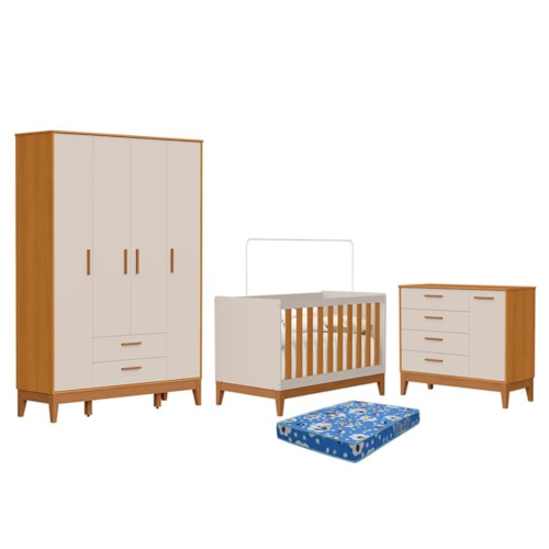 Dormitório Infantil Flip Guarda Roupa 4 Portas, Cômoda 1 Porta e Berço Areia Fosco/Savana com Colchão Physical - Reller Móveis