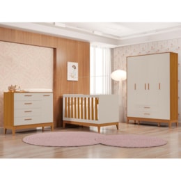 Dormitório Infantil Flip Guarda Roupa 4 Portas, Cômoda 1 Porta e Berço Areia Fosco/Savana - Reller Móveis