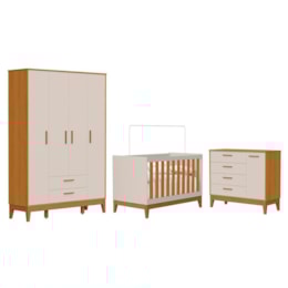 Dormitório Infantil Flip Guarda Roupa 4 Portas, Cômoda 1 Porta e Berço Areia Fosco/Savana - Reller Móveis