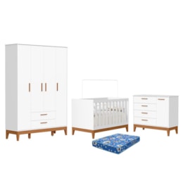 Dormitório Infantil Flip Guarda Roupa 4 Portas, Cômoda 1 Porta e Berço Branco Fosco com Colchão Physical - Reller Móveis