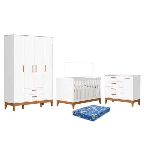 Dormitório Infantil Flip Guarda Roupa 4 Portas, Cômoda 1 Porta e Berço Branco Fosco com Colchão Physical - Reller Móveis