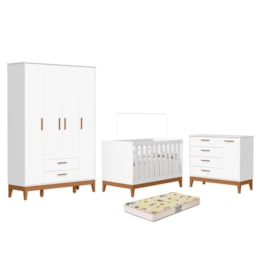 Dormitório Infantil Flip Guarda Roupa 4 Portas, Cômoda 1 Porta e Berço Branco Fosco com Colchão Supreme - Reller Móveis