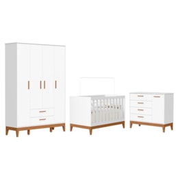 Dormitório Infantil Flip Guarda Roupa 4 Portas, Cômoda 1 Porta e Berço Branco Fosco - Reller Móveis