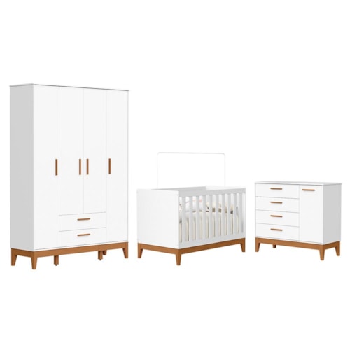 Dormitório Infantil Flip Guarda Roupa 4 Portas, Cômoda 1 Porta e Berço Branco Fosco - Reller Móveis