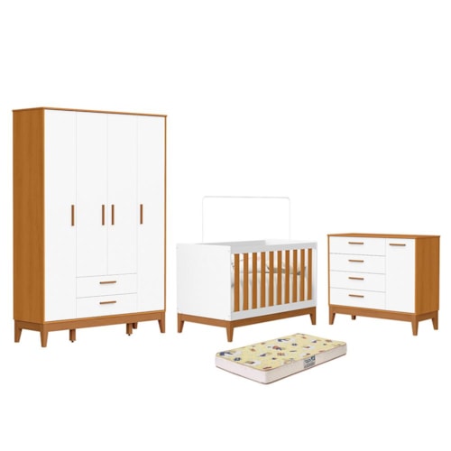 Dormitório Infantil Flip Guarda Roupa 4 Portas, Cômoda 1 Porta e Berço Branco Fosco/Savana com Colchão Supreme - Reller Móveis