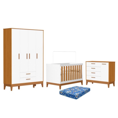 Dormitório Infantil Flip Guarda Roupa 4 Portas, Cômoda 1 Porta e Berço Branco Fosco/Savana com Colchão Physical - Reller Móveis