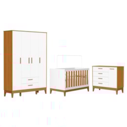 Dormitório Infantil Flip Guarda Roupa 4 Portas, Cômoda 1 Porta e Berço Branco Fosco/Savana - Reller Móveis