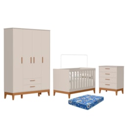 Dormitório Infantil Flip Guarda Roupa 4 Portas, Cômoda 4 Gavetas e Berço Areia Fosco com Colchão Physical - Reller Móveis