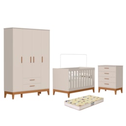 Dormitório Infantil Flip Guarda Roupa 4 Portas, Cômoda 4 Gavetas e Berço Areia Fosco com Colchão Supreme - Reller Móveis