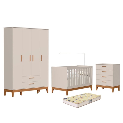 Dormitório Infantil Flip Guarda Roupa 4 Portas, Cômoda 4 Gavetas e Berço Areia Fosco com Colchão Supreme - Reller Móveis
