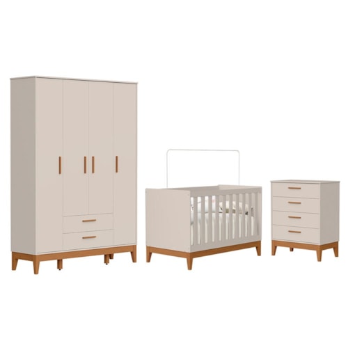 Dormitório Infantil Flip Guarda Roupa 4 Portas, Cômoda 4 Gavetas e Berço Areia Fosco - Reller Móveis