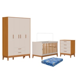 Dormitório Infantil Flip Guarda Roupa 4 Portas, Cômoda 4 Gavetas e Berço Areia Fosco/Savana com Colchão Physical - Reller Móveis