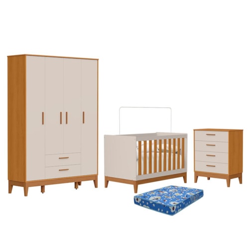 Dormitório Infantil Flip Guarda Roupa 4 Portas, Cômoda 4 Gavetas e Berço Areia Fosco/Savana com Colchão Physical - Reller Móveis