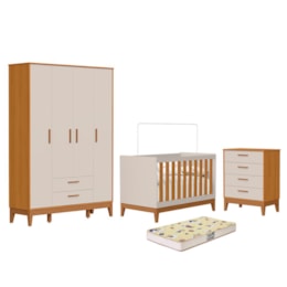Dormitório Infantil Flip Guarda Roupa 4 Portas, Cômoda 4 Gavetas e Berço Areia Fosco/Savana com Colchão Supreme - Reller Móveis