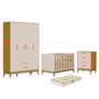 Dormitório Infantil Flip Guarda Roupa 4 Portas, Cômoda 4 Gavetas e Berço Areia Fosco/Savana com Colchão Supreme - Reller Móveis