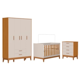 Dormitório Infantil Flip Guarda Roupa 4 Portas, Cômoda 4 Gavetas e Berço Areia Fosco/Savana - Reller Móveis 