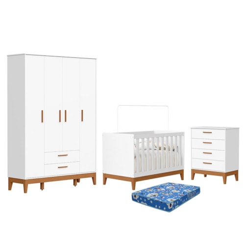 Dormitório Infantil Flip Guarda Roupa 4 Portas, Cômoda 4 Gavetas e Berço Branco Fosco com Colchão Physical - Reller Móveis