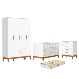 Dormitório Infantil Flip Guarda Roupa 4 Portas, Cômoda 4 Gavetas e Berço Branco Fosco com Colchão Supreme - Reller Móveis