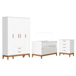 Dormitório Infantil Flip Guarda Roupa 4 Portas, Cômoda 4 Gavetas e Berço Branco Fosco - Reller Móveis