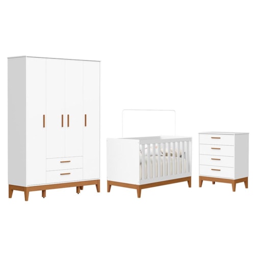 Dormitório Infantil Flip Guarda Roupa 4 Portas, Cômoda 4 Gavetas e Berço Branco Fosco - Reller Móveis