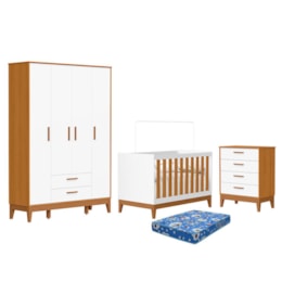 Dormitório Infantil Flip Guarda Roupa 4 Portas, Cômoda 4 Gavetas e Berço Branco Fosco/Savana com Colchão Physical - Reller Móveis
