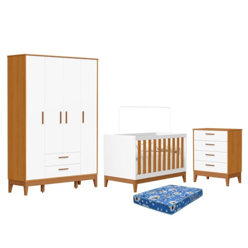 Dormitório Infantil Flip Guarda Roupa 4 Portas, Cômoda 4 Gavetas e Berço Branco Fosco/Savana com Colchão Physical - Reller Móveis