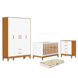 Dormitório Infantil Flip Guarda Roupa 4 Portas, Cômoda 4 Gavetas e Berço Branco Fosco/Savana com Colchão Supreme - Reller Móveis