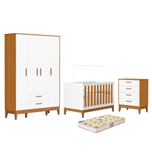 Dormitório Infantil Flip Guarda Roupa 4 Portas, Cômoda 4 Gavetas e Berço Branco Fosco/Savana com Colchão Supreme - Reller Móveis