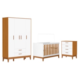 Dormitório Infantil Flip Guarda Roupa 4 Portas, Cômoda 4 Gavetas e Berço Branco Fosco/Savana - Reller Móveis