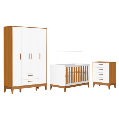Dormitório Infantil Flip Guarda Roupa 4 Portas, Cômoda 4 Gavetas e Berço Branco Fosco/Savana - Reller Móveis