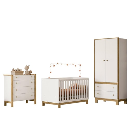 Dormitório Infantil Flora 2 Portas com Guarda Roupa, Cômoda e Berço Q Encanto Slim Branco Acetinado – Qmovi