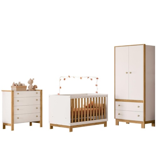 Dormitório Infantil Flora 2 Portas com Guarda Roupa, Cômoda e Berço Q Encanto Slim Freijó/Branco Acetinado – Qmovi