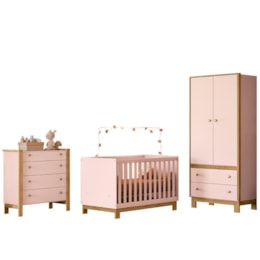 Dormitório Infantil Flora 2 Portas com Guarda Roupa, Cômoda e Berço Q Encanto Slim Rosa Acetinado – Qmovi