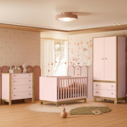 Dormitório Infantil Flora 2 Portas com Guarda Roupa, Cômoda e Berço Q Encanto Slim Rosa Acetinado – Qmovi