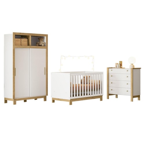 Dormitório Infantil Flora com Guarda Roupa 2 Portas de Correr, Cômoda e Berço Q Encanto Slim Branco Acetinado – Qmovi