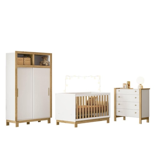 Dormitório Infantil Flora com Guarda Roupa 2 Portas de Correr, Cômoda e Berço Q Encanto Slim Freijó/Branco Acetinado – Qmovi
