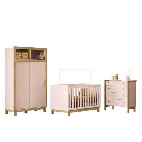 Dormitório Infantil Flora com Guarda Roupa 2 Portas de Correr, Cômoda e Berço Q Encanto Slim Rosa Acetinado – Qmovi
