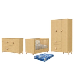 Dormitório Infantil Gracia Guarda Roupa, Cômoda 1 Porta e Berço Naturale com Colchão Baby Physical - Reller Móveis