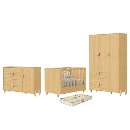 Dormitório Infantil Gracia Guarda Roupa, Cômoda 1 Porta e Berço Naturale com Colchão Supreme - Reller Móveis