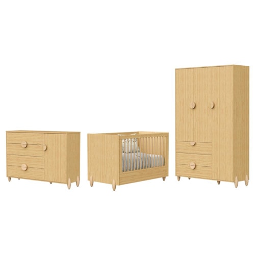 Dormitório Infantil Gracia Guarda Roupa, Cômoda 1 Porta e Berço Naturale - Reller Móveis
