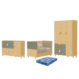 Dormitório Infantil Gracia Guarda Roupa, Cômoda 1 Porta e Berço Oliva/Naturale com Colchão Baby Physical - Reller Móveis