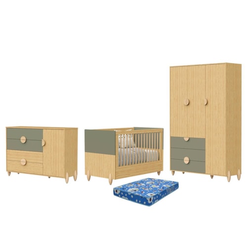 Dormitório Infantil Gracia Guarda Roupa, Cômoda 1 Porta e Berço Oliva/Naturale com Colchão Baby Physical - Reller Móveis