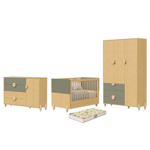 Dormitório Infantil Gracia Guarda Roupa, Cômoda 1 Porta e Berço Oliva/Naturale com Colchão Supreme - Reller Móveis