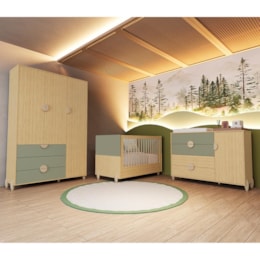 Dormitório Infantil Gracia Guarda Roupa, Cômoda 1 Porta e Berço Oliva/Naturale - Reller Móveis