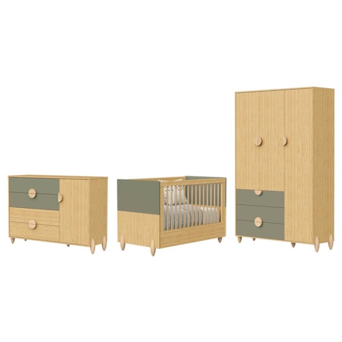 Dormitório Infantil Gracia Guarda Roupa, Cômoda 1 Porta e Berço Oliva/Naturale - Reller Móveis