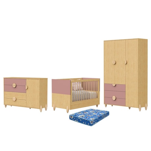 Dormitório Infantil Gracia Guarda Roupa, Cômoda 1 Porta e Berço Rosê/Naturale com Colchão Baby Physical - Reller Móveis