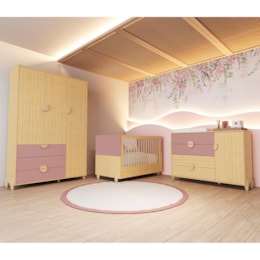 Dormitório Infantil Gracia Guarda Roupa, Cômoda 1 Porta e Berço Rosê/Naturale com Colchão Supreme - Reller Móveis